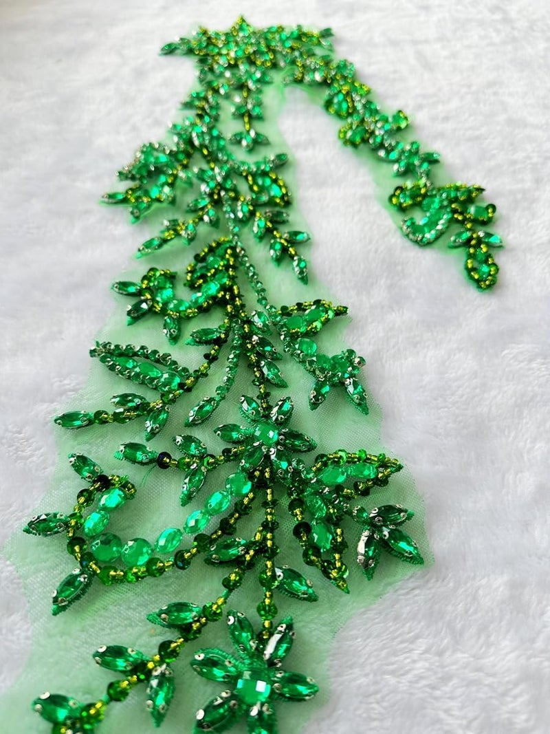 PLune Handmade Shining Acrylic Rhinestones on lace Applique Sewing Beads Stones Trim Patches Accessories for Wedding Dress (LightGreen Right) - Image 1